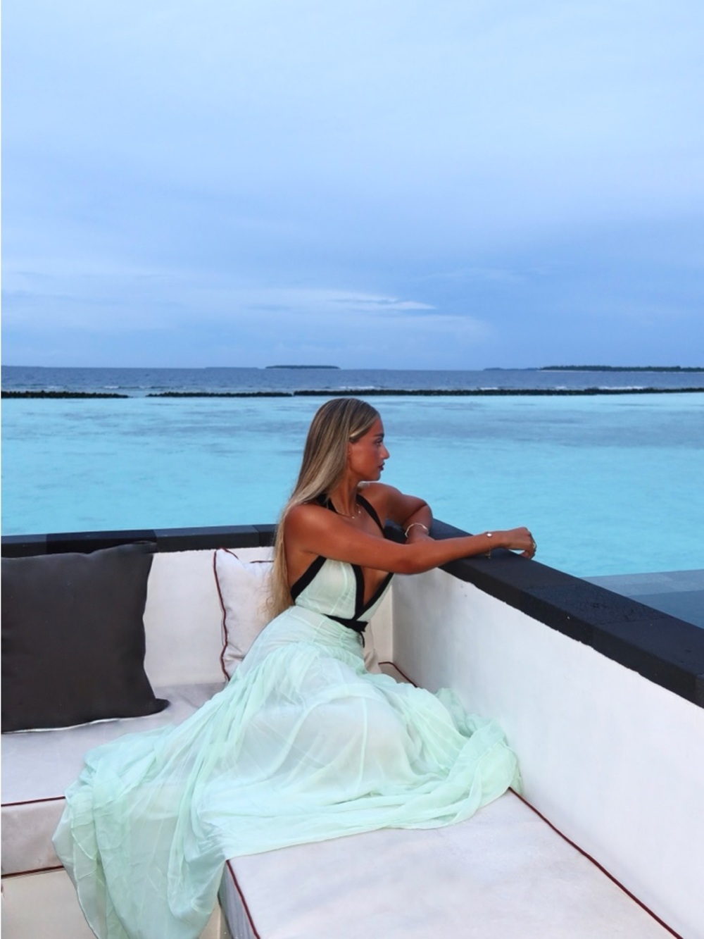 Helsa studio  Mint and Black Silk Chiffon Halter Gown